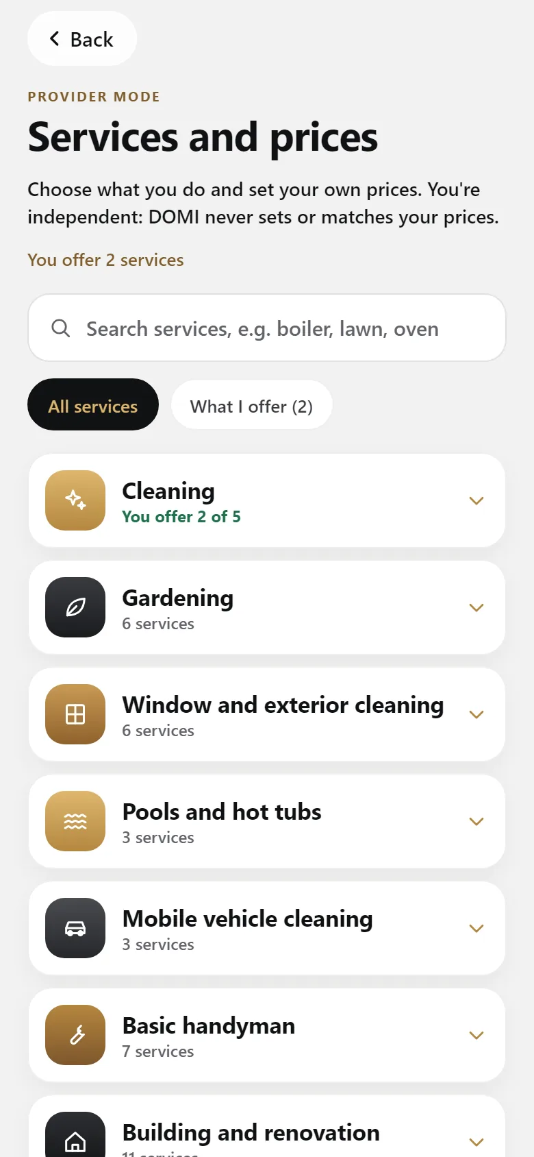 Services and prices: choose what you do and set your own prices