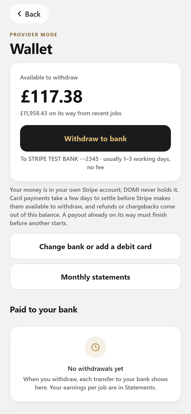 The provider wallet: money available to withdraw to your bank