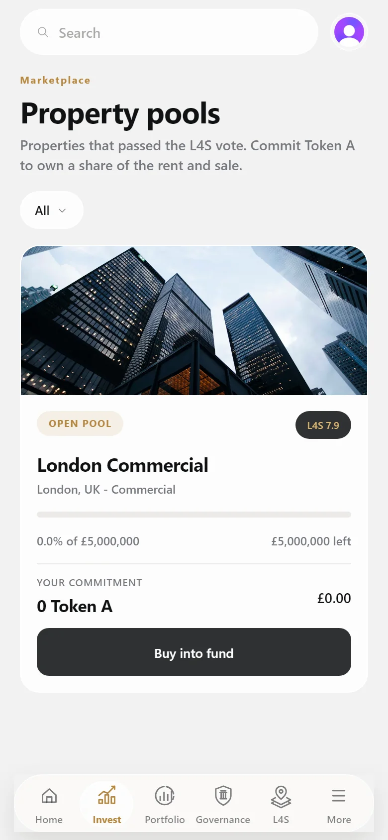 The property pools screen in the Easywealth app